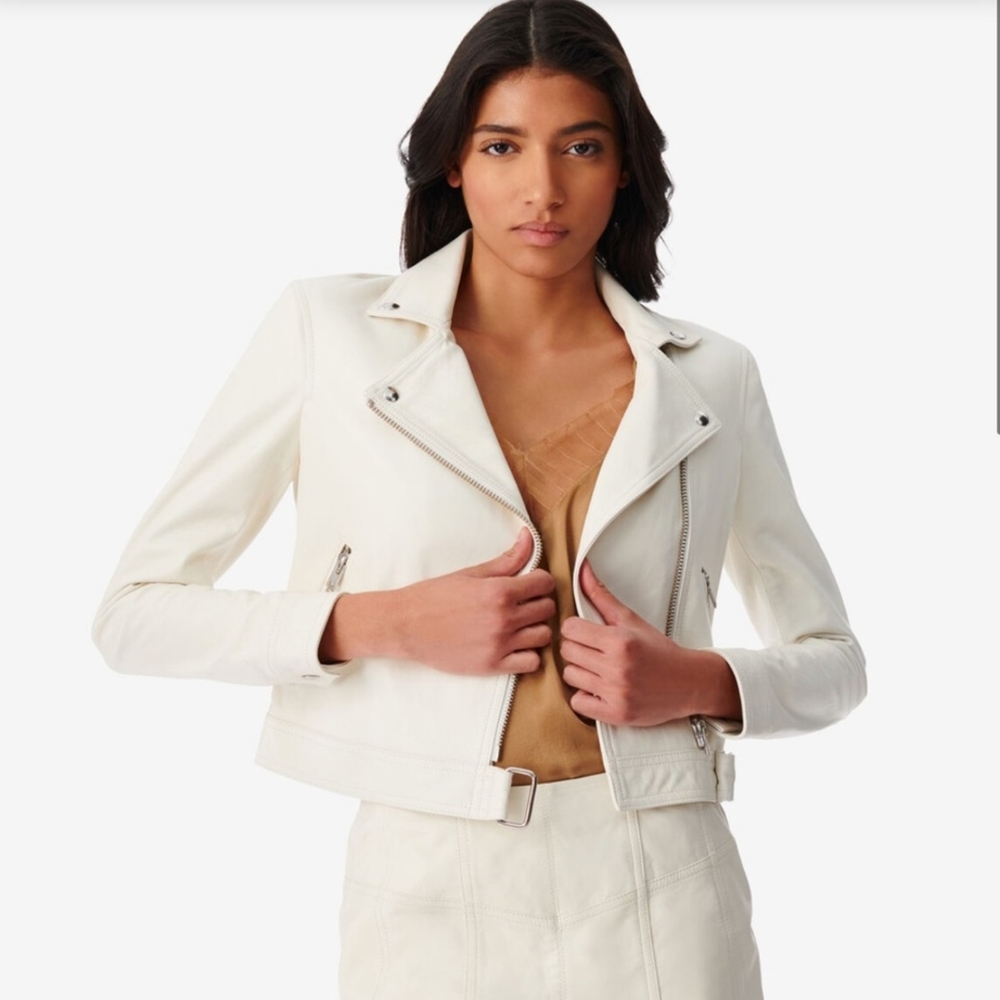 NWOT IRO Cropped White Leather Moto Jacket Sz 40